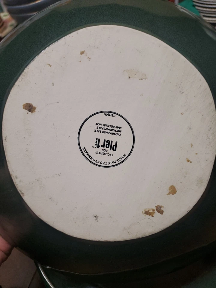 Cuencos para pasta de gres Pier 1 9" verde oscuro moteado usado en excelente estado cubo pintado a mano 104 Foto 4 de 4