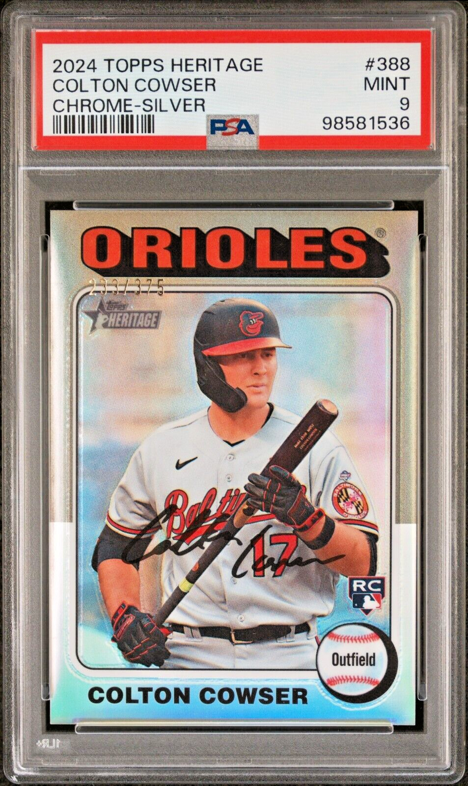 Colton Cowser 2024 Topps Heritage Chrome Silver Rookie /375 #388 PSA 9 Mint