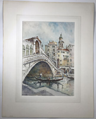Vintage Italienisches Impressionist Gemälde Gondel Rialtobrücke Venedig Schild Romano