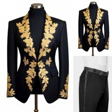 Gold Lace Appliques Black Suits for Men Wedding Jacket Pants Slim Fit 2 Pieces