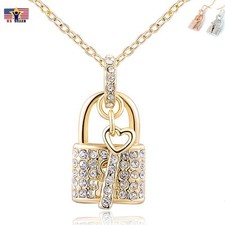 Love Lock  Key Crystal Chain Charm Multi Tone Statement Necklace Pendent Collar