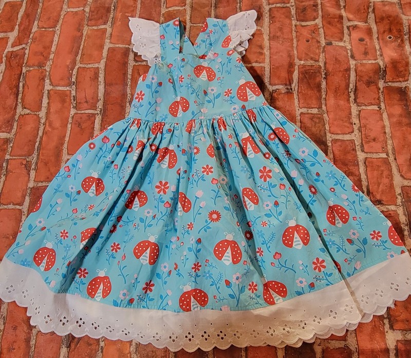 Eleanor Rose Girl's Dress Size 5-6 Blue Ladybug Print Eyelet Ruffle Trim 5 6