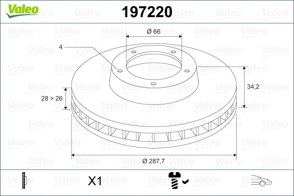 Disque de frein VALEO 197220 modele ventile 5 trous pour essieu avant de voiture