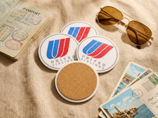 United Airlines Retro Tulip Logo Coasters Set (4) w/ Holder Vintage Decor