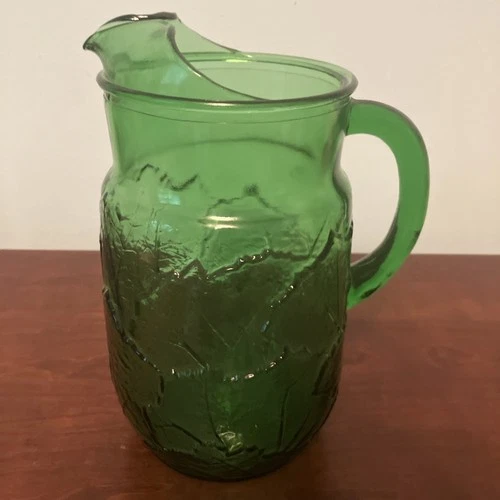Vintage Green Glass ANCHOR HOCKING Embossed Rain Flower Pitcher 10" Tall.