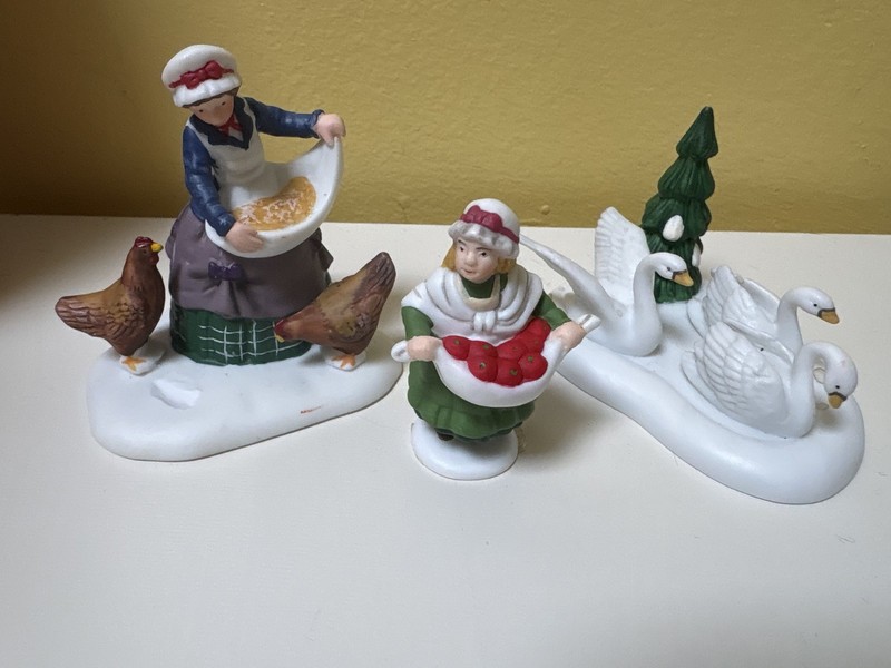 Dept 56 -Misc 3 pcs. Taking care of the Animals - Retired  Hens, Apples, Swans