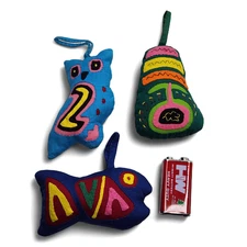 3 Vintage KUNA MOLA Plush Folk Art Fabric Christmas Ornament Owl Fish Multicolor