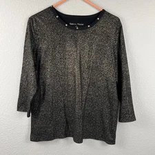Rebecca Malone Blouse Women's Large Gold Glitter On Black 3/4 Sleeves