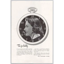 1952 Bell Telephone System Vtg Print Ad Beautiful Woman Headset Pocket Watch