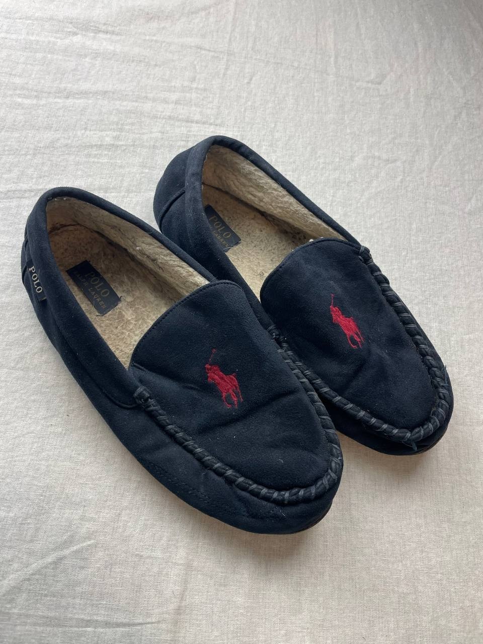 POLO RALPH LAUREN Mens Size 12 Moccasin Slippers Declan Red Pony Blue Suede