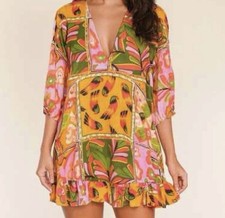 Tropical Patchwork Parrot Mini Dress Boho Resort Farm Rio Style Swim Cover S