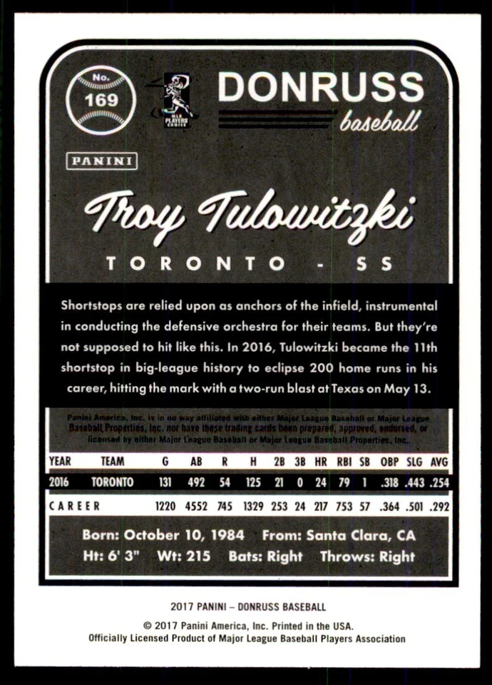 2017 Panini Donruss - Troy Tulowitzki #169 - Image 2 of 2