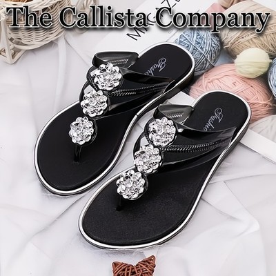 150K+ Sold | CHIC FLIP FLOPs WITH RHINESTONE EMBELLISHED FLOWERS (BK) SZ 6-9