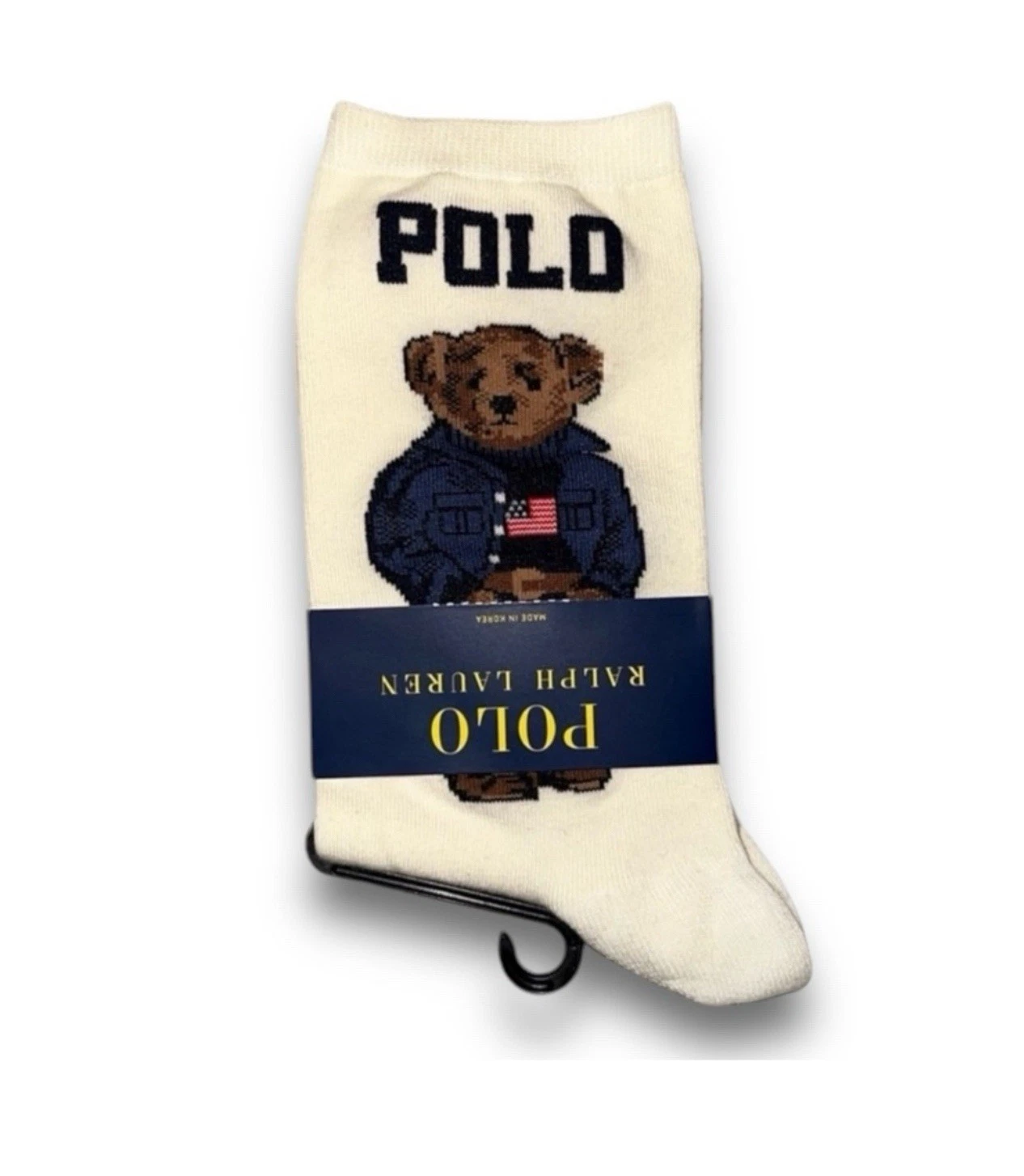 Polo Ralph Lauren Women's Polo Bear Trouser Socks Ivory, Americana Bear, Flag