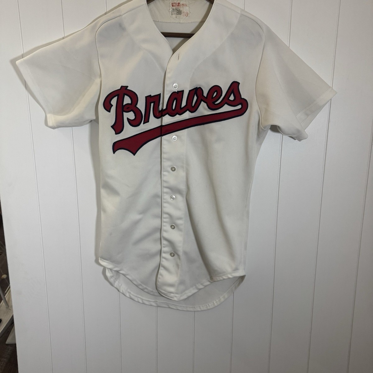 Vintage Atlanta Braves Jersey Wilson Made USA Mens 38 White Sewn 