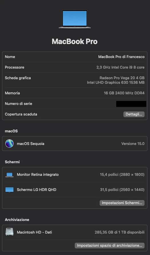 Apple MacBook Pro 15" 2019 · i9 · 16GB · 1TB, foto 1 di 5