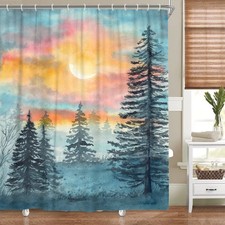Watercolor Forest Shower Curtain 60x72 Inch Blue Grey Woodland Tree Hooks
