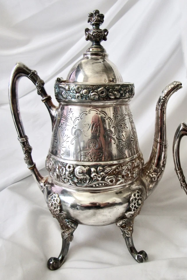 REED & BARTON 1876 prato de prata antigo vitoriano cafeteira/tigela de açúcar combinando - Imagem 2 de 4