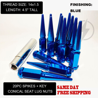 FIT CHRYSLER 300 2005-2019 4.5   SPIKE LUG NUT 14x1.5 CONICAL SEAT BLUE 20PC+KEY