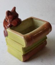 Scottish Terrier Dog Planter Unmarked Brown Dog Climbing Books Planter Pottery -
