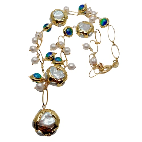 Freshwater Cultured White Keshi Pearl Blue Murano Glass Necklace 21"