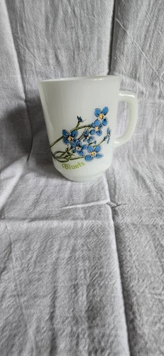 Vintage Bluets Milk Glass Anchor Hocking Fire King Mug Cup Blue Floral Flower 