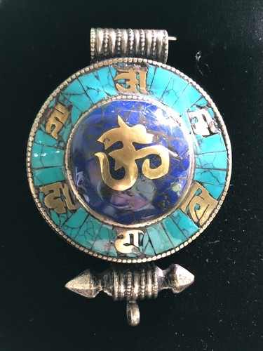 Vintage Tibetan Gau Prayer Box Pendant Lapiz Turquoise Brass Silver Buddhist