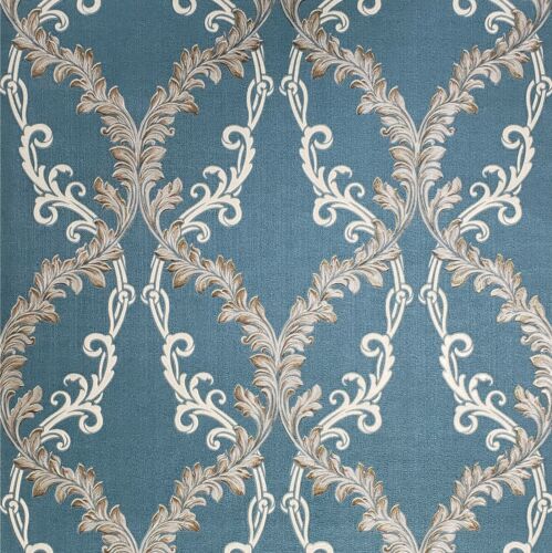 Wallpaper blue beige taupe bronze gold Textured Victorian Damask faux fabric 3D - Picture 1 of 12