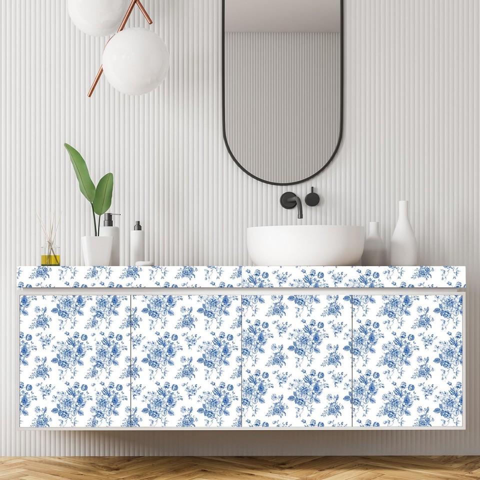 Blue Floral Shelf Liner Self Adhesive Vintage Flower Drawer Liner Blue