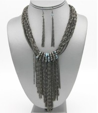 Metal BIB Statement Long Beaded Fringe Tassel Layered Chain Necklace Earrings