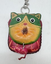 Kitty Cat Leather Wristlet Wallet Bag Mouse Charm Coin Purse Zip Hand Made