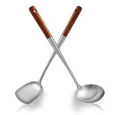 ReaNea 17&rdquo; Wok Spatula & Ladle Set, Stainless Steel Extra long, Silver + Wood