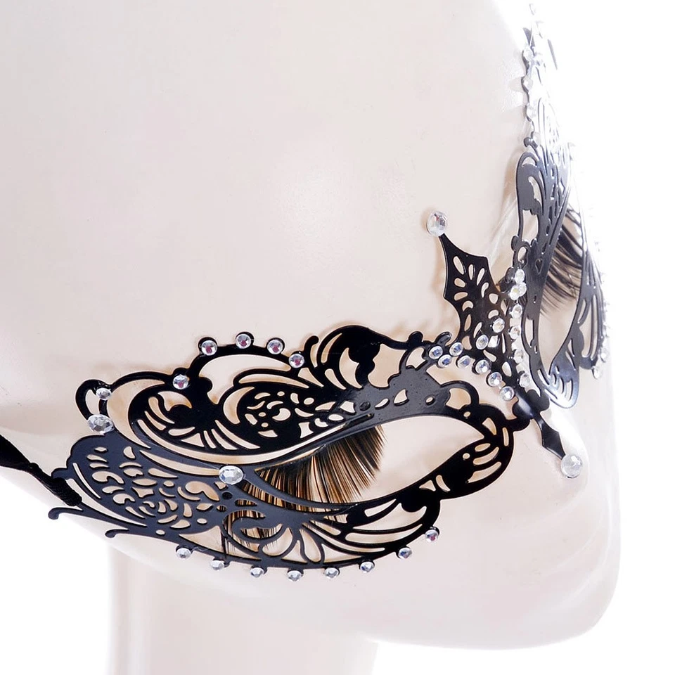 Sexy Venetian Metal Filigree Laser Cut Masquerade Black Mask Rhinestones BA001BK - Image 4 of 4