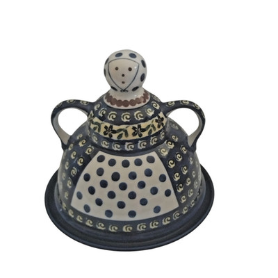 Vtg Boleslawiec Handmade Polish Pottery Dome Lady Cheese Keeper Butter Dish 7.5''