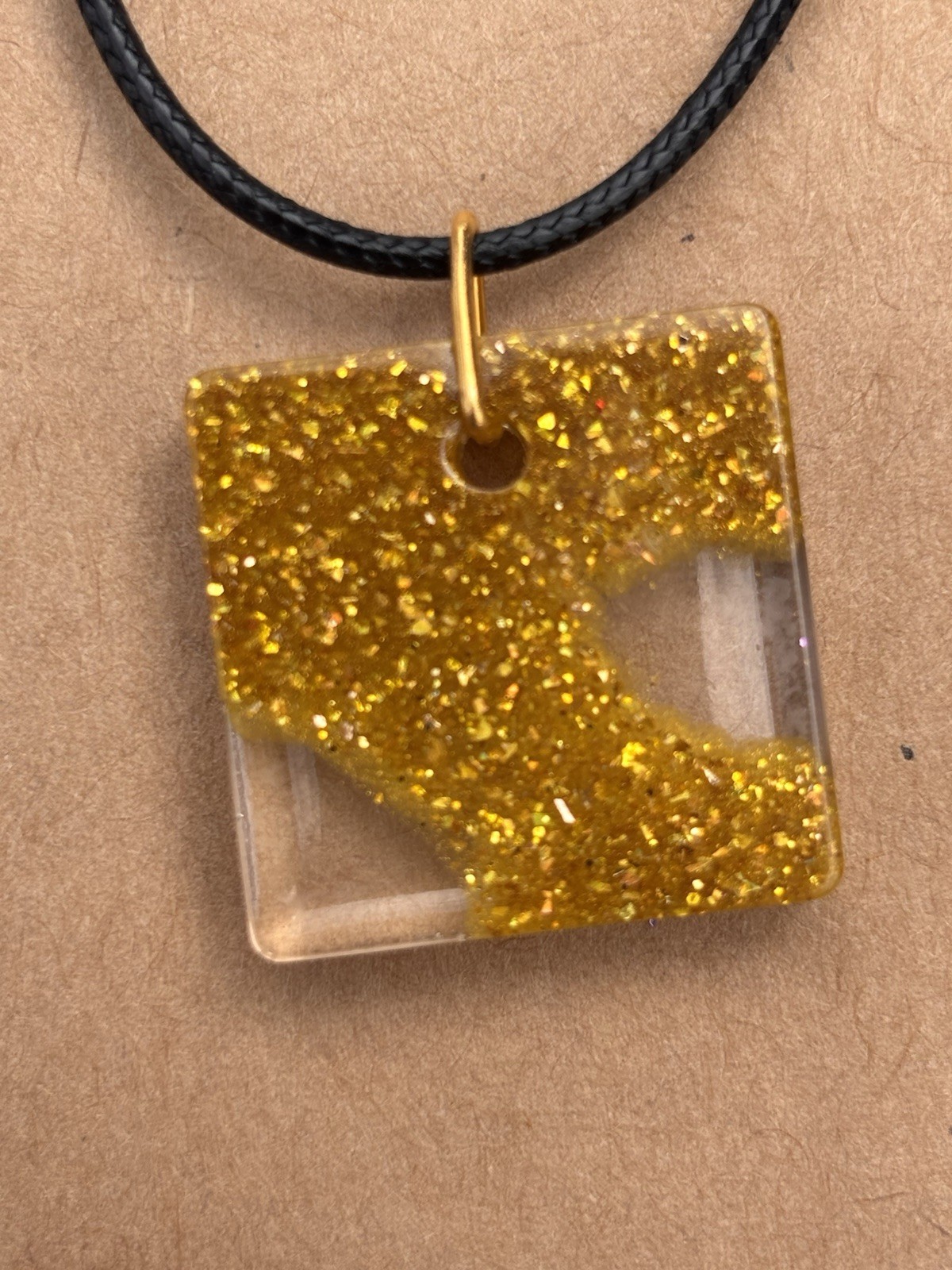 Clear And Gold Sparkle Square Resin Necklace Handmade Boho Glam Minimalist