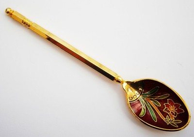 SX636) Rote Blume Emaille Cloisonné goldfarben Vintage Souvenir Sammler Löffel