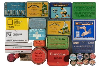 27 vintage US and EU 1930s to 1950s first aid tins in good condition