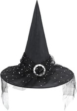 Witch Hat for Women Lace Halloween Costume Accessory Sparkling Black