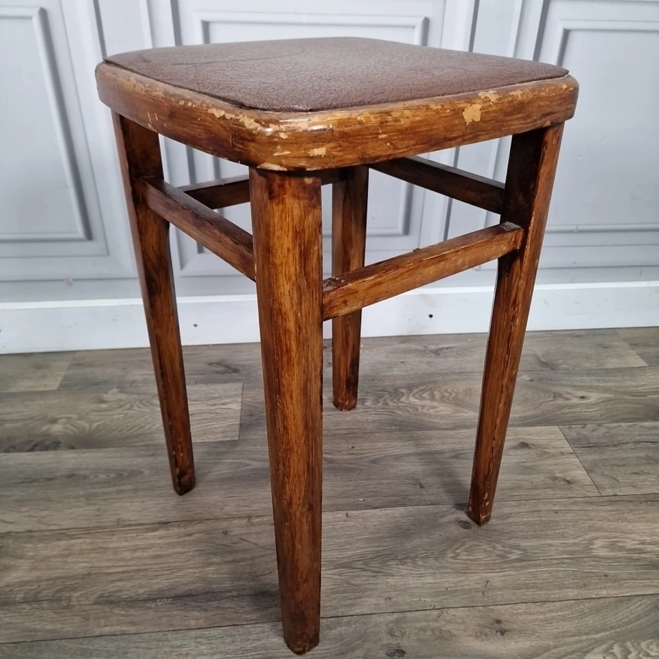 Single Vintage Retro Solid Wooden Mid Century Modern Vinyl Kitchen Stool Seat - Image 4 of 4