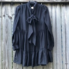 Sezane x Manoush Selena Silk Dress Size 38 Black Tie Neck Polka Dot Tiered