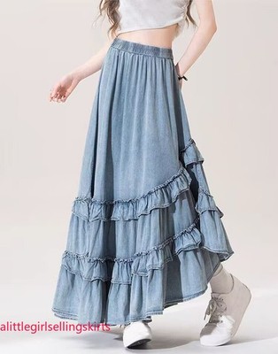 Fashion Women's Denim Ruffles A-Line Skirts Irregular Jean Skirts Casual Summer