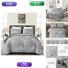 DJY Grey Quilt Set King Size 3 Pieces 110''x90'' Branch Botanical Pattern