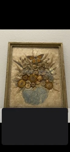 1930 Antique Mixed Media Framed Wall Art Dried Flowers & Butterfly Wool Vase