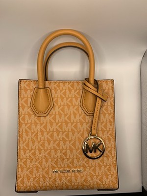 MICHAEL KORS MERCER XS NS SHOPPER CROSSBODY SHOULDER BAG MK ORANGE YELLOW LOGO