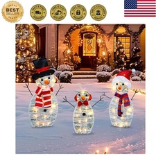 Lighted Christmas Snowman Outdoor Decoration, 3-Piece Pre-Lit 2D Snowman Fami...