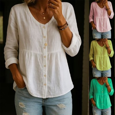 Damen V Ausschnitt Langarm Baumwolle Leinen Sommer Freizeit Shirt Bluse Tops DE