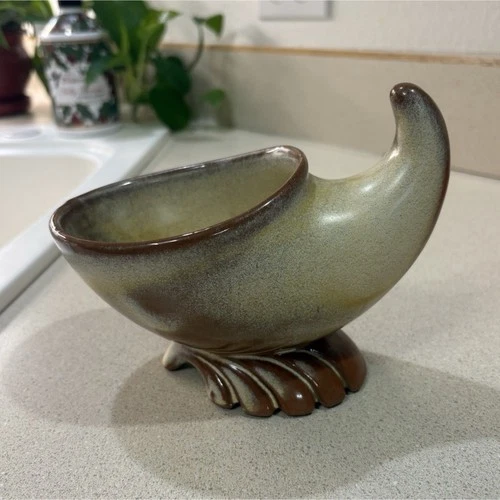 Frankoma 575 Horn Shaped Ceramic Bowl Brown Beige Art Pottery Glossy Finish