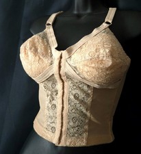 LACY LONGLINE BEIGE FRONT CLOSURE Vintage 1960s "Sweater Girl" BRA -sz 34 D
