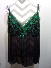 Plus Size (3x-4x) CACIQUE Black & Green Embroidered Mesh Babydoll Lingerie/Top