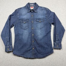 Wrangler Flex For Comfort Denim Western Shirt Mens M Blue Gold Pearl Snap Cowboy
